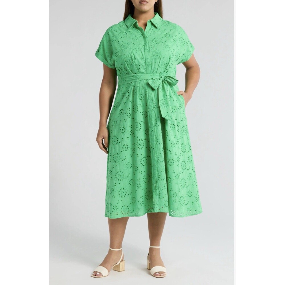 Caslon Eyelet Overlay Midi Shirt Dress Large Green Belt Button Pockets Party